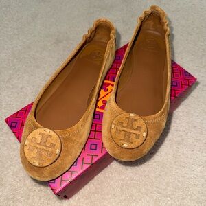 Tory Burch Caramel Suede Logo Ballet Flats